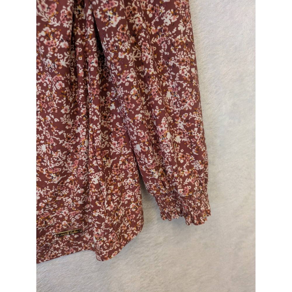 Anne Klein Blouse Women's XL Burgundy Floral Smocked Mock Neck Long Sleeve - Picture 7 of 11